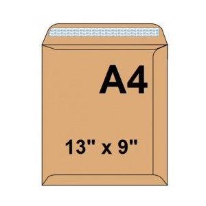 Brown Envelopes C4 / A4 - 13" x 9" - 90 gsm (Peel & Seal)