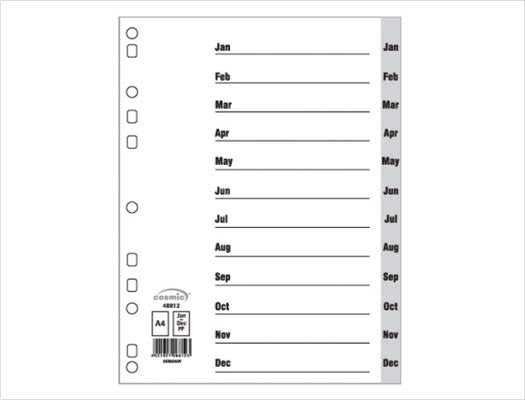 Polypropylene A4 Dividers Grey - Jan-Dec Monthly Set