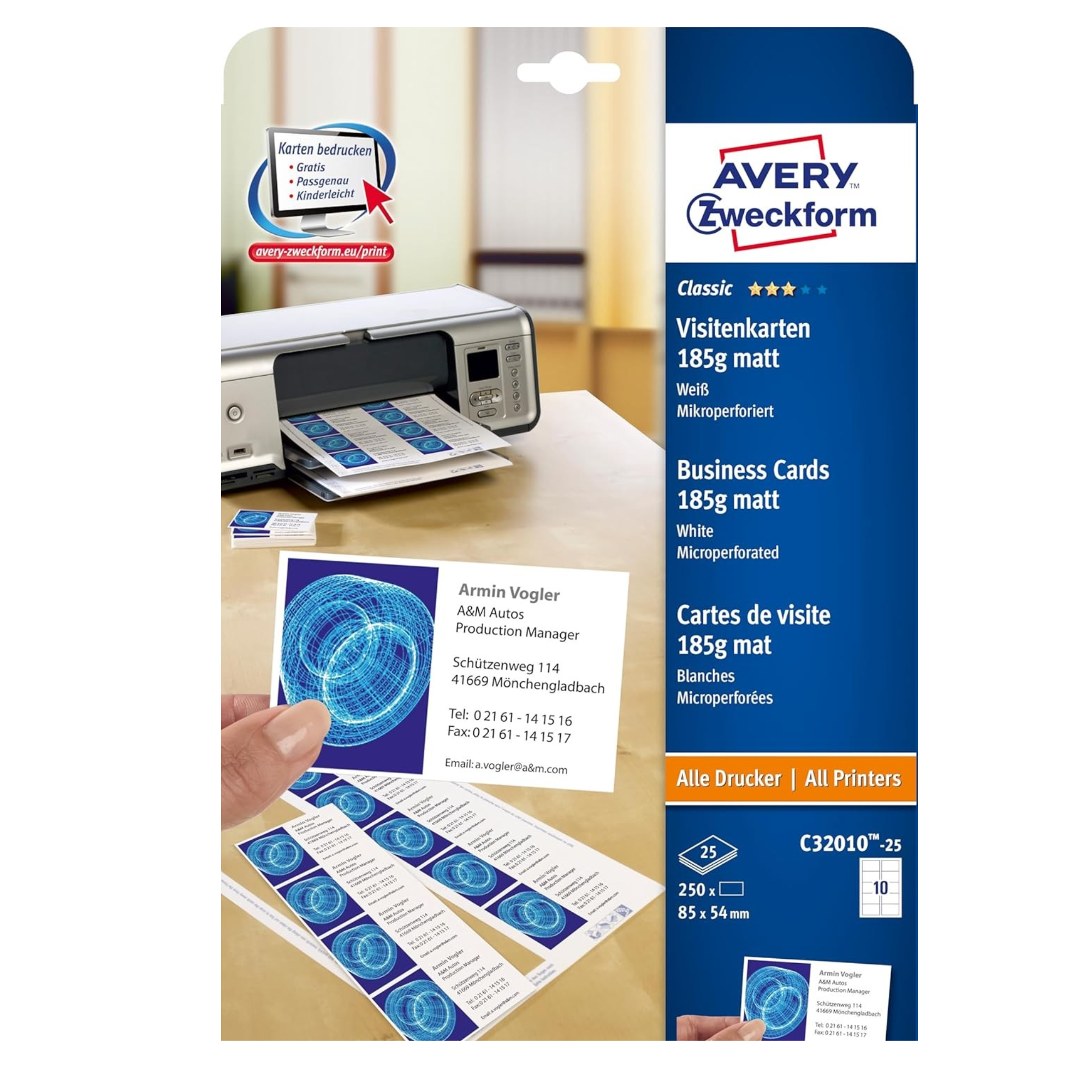 Avery C32010-25 200g A4 Matte Printable Business Cards - Pack of 250