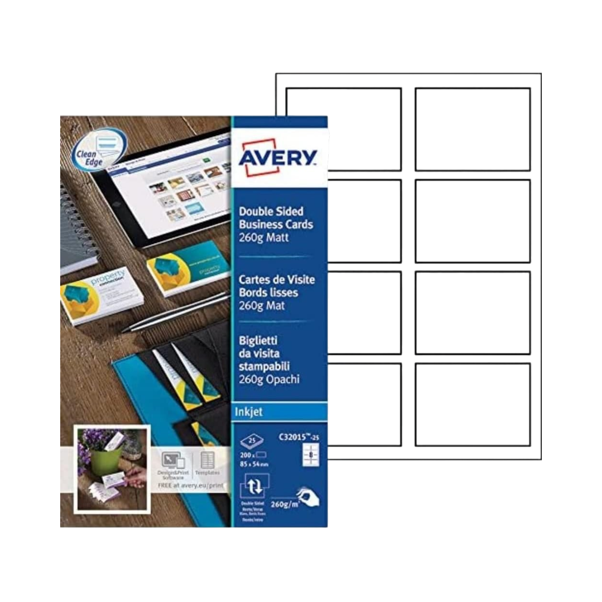 Avery C32015-25 270g A4 Satin Printable Business Cards - Pack of 250