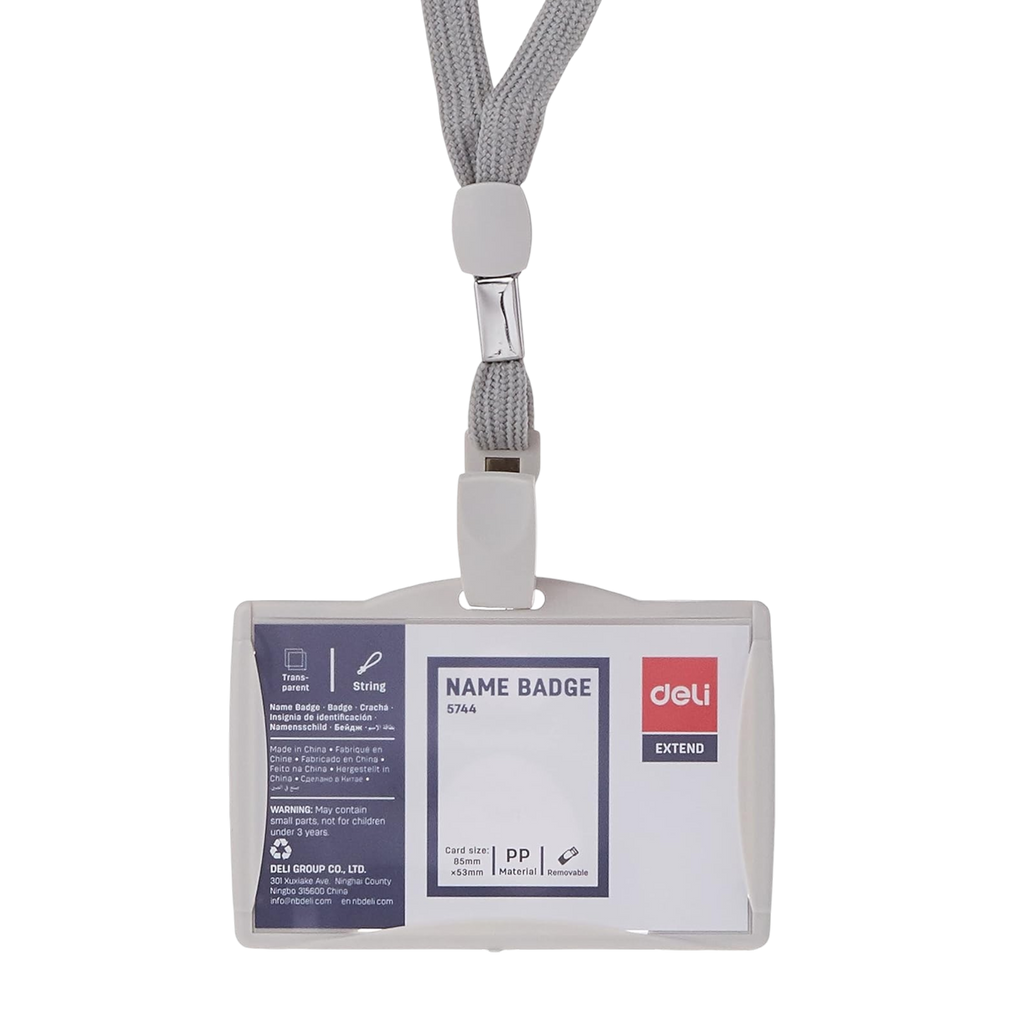 Deli 5744 Clear Plastic Name Badge Holder with Lanyard Grey