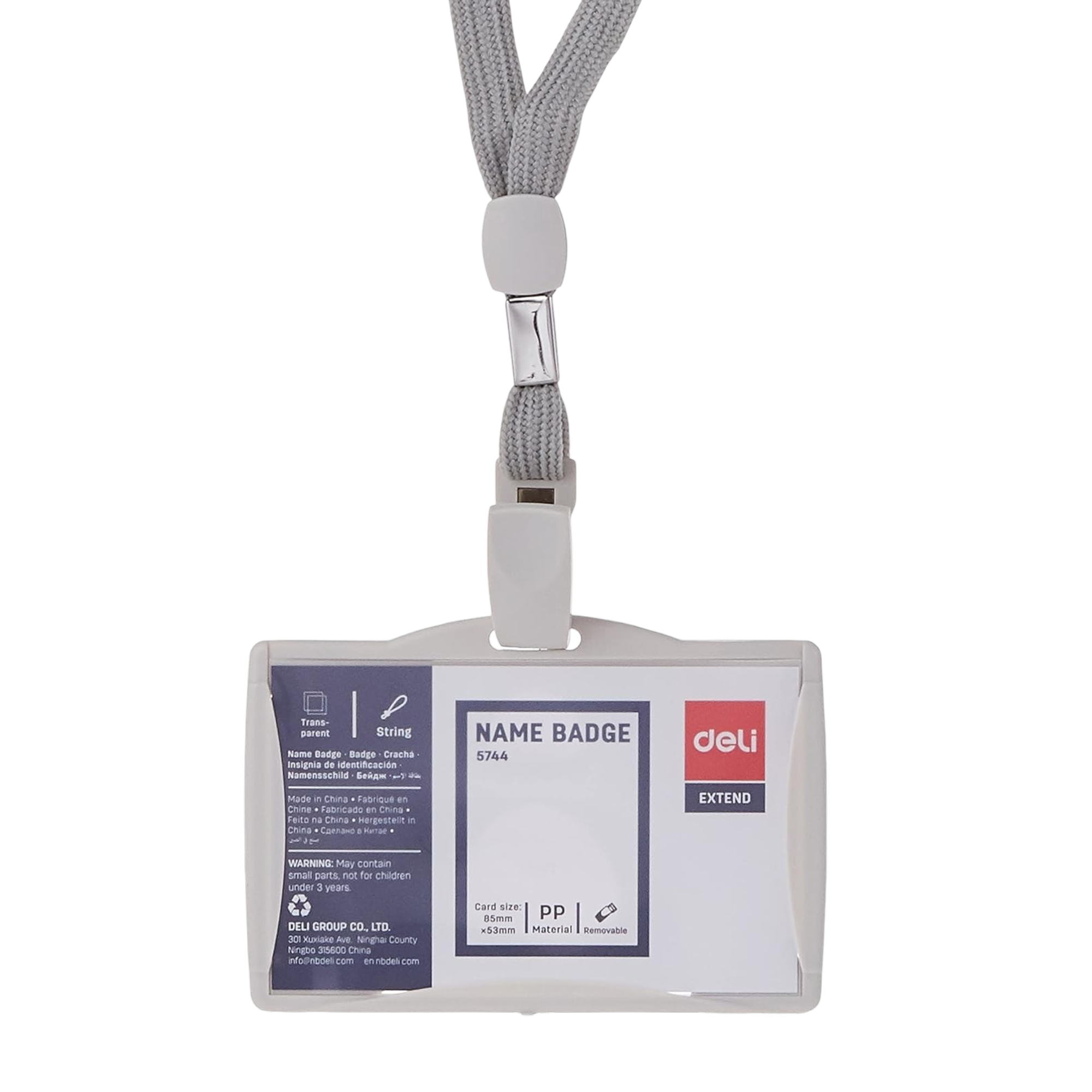 Deli 5744 Clear Plastic Name Badge Holder with Lanyard Grey