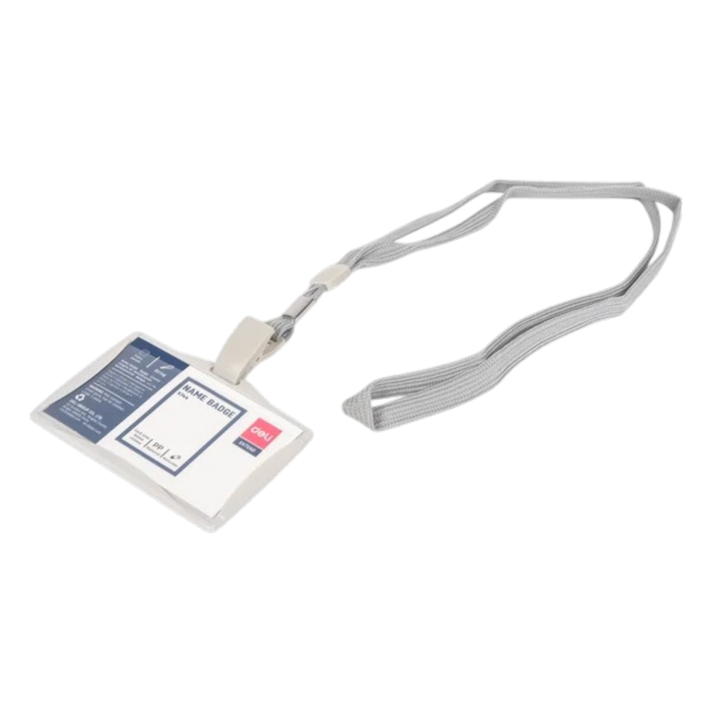 Deli 5744 Clear Plastic Name Badge Holder with Lanyard Grey