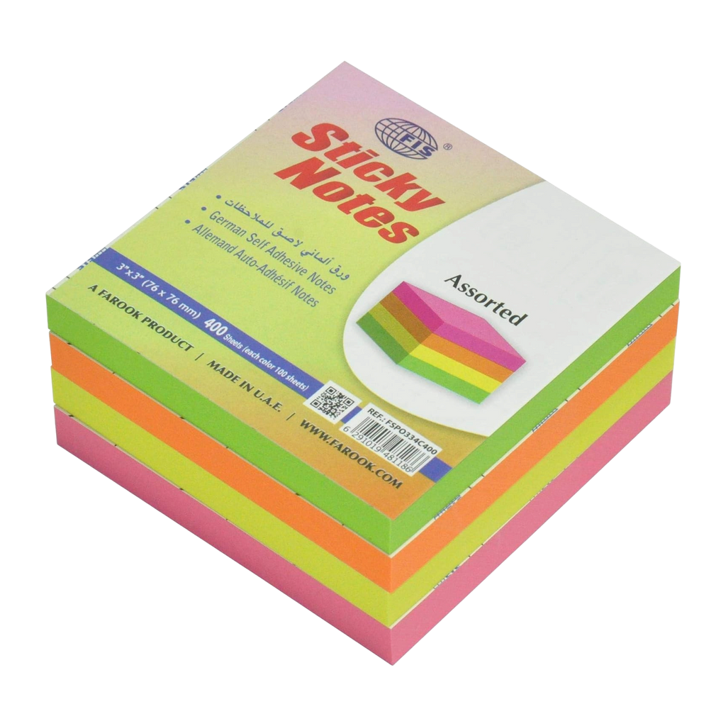 Economy Sticky Notes Cube 3" x 3" - Neon (400 Sheets)