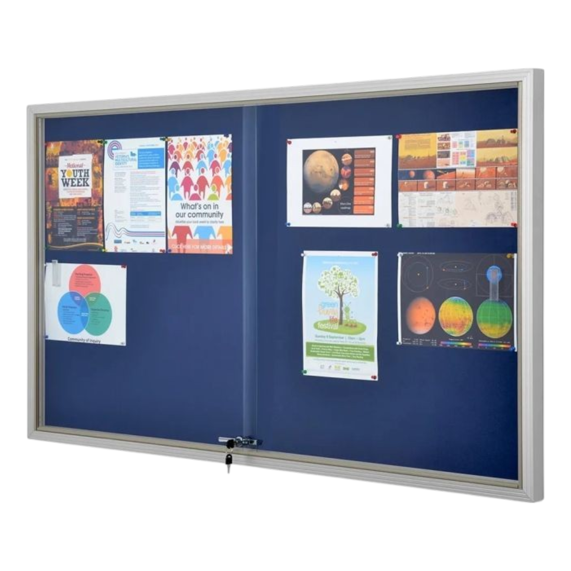 Enclosed Blue Fabric Notice Board with Sliding Doors