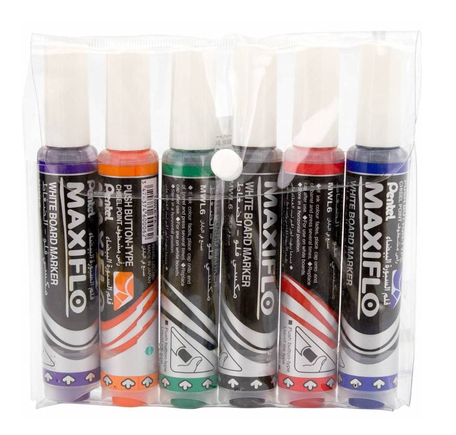 Pentel MWL6 Maxiflo Whiteboard Marker Chisel Wallet Assorted Colors