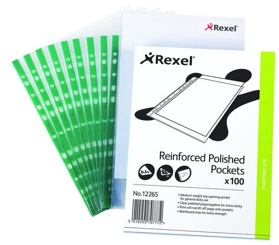 Rexel 12265 Reinforced Punched Pockets A4 Pack of 100