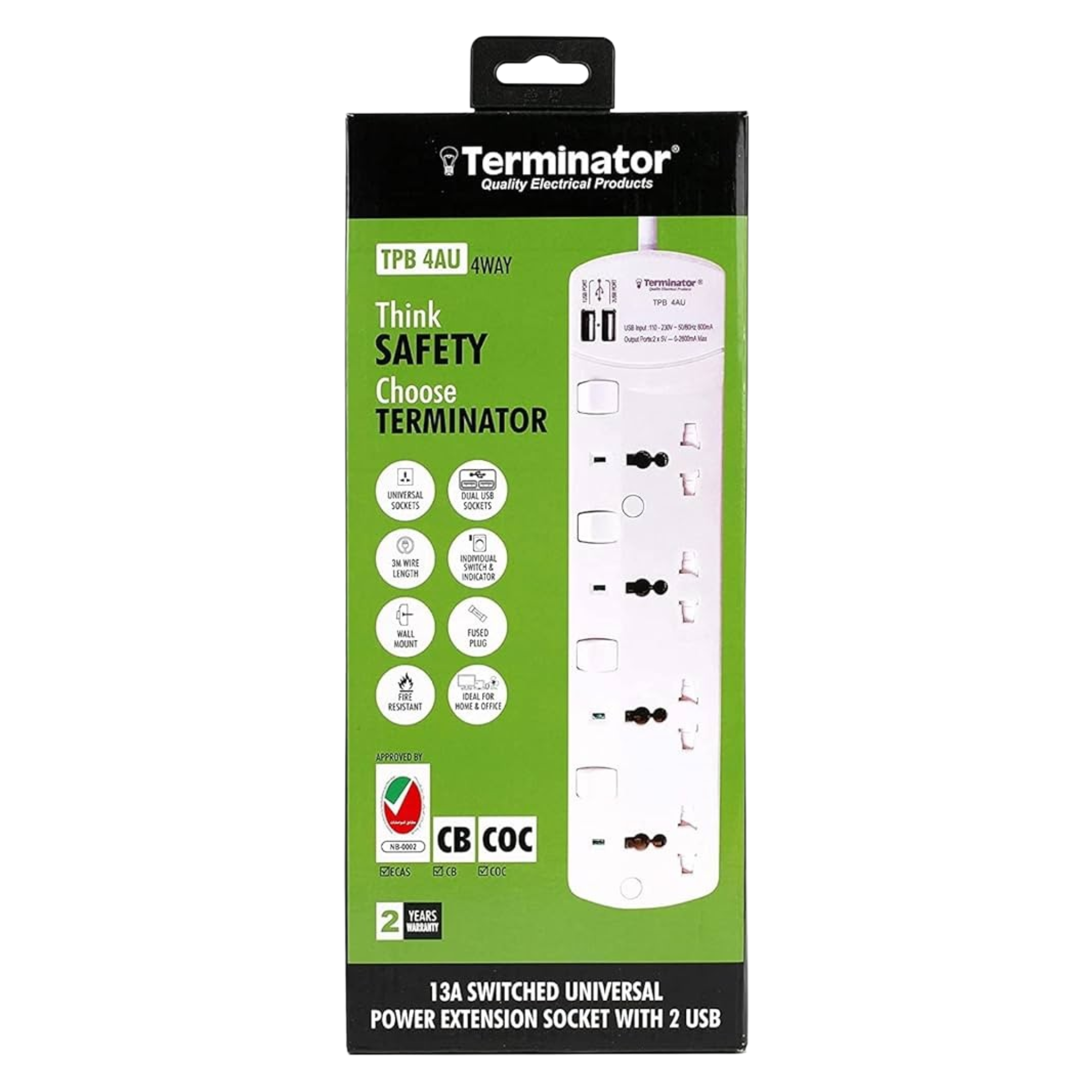 Terminator 4-Way Switched Universal Power Extension with 2 USB