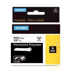RHINO Permanent Polyester Tape - Black on White, 9mm x 5.5m [18766]