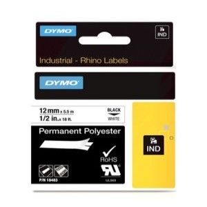 RHINO Permanent Polyester Tape - Black on White, 12mm x 5.5m [18764]