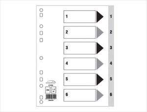 Index Divider, PVC Grey w/numbers, A4, 1 - 6