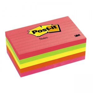 Post-it® Notes 3"x5", Neon Colors, Lined, 100 Sh/Pad, 5 Pads/Pack, [Ref: 635-5AN]