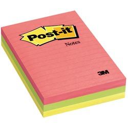 Post-it® Notes 4" x 6", Neon Colors, Lined, 100 Sh/Pad, 3 Pads/Pack, [Ref: 660-3AN]