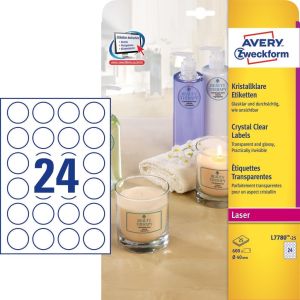 Avery® L7780-25 Crystal Clear Round Labels, Ø 40 mm, [Pack of 25] 600 Labels