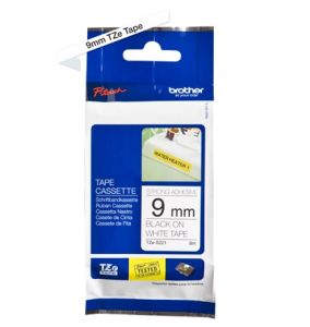 Brother TZ-S221 P-touch® Label Tape, 9mm, (3/8"), Black on White, Extra Strong 