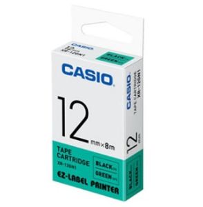 Casio XR-12GN1 Tape Cassette, 12mm X 8mm, Black on Green
