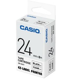 Casio XR-24X1 Tape Cassette, 24mm X 8mm, Black on Clear
