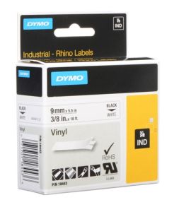 Dymo 18443 Vinyl Tape - Black on White 3/8" [9mm X 5.5m]