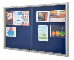 Enclosed Notice Board 900 x 600mm, Blue Fabric, Sliding Door