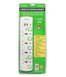 Terminator 854U Power Extension 4-Way 3M Cable, 2 USB Ports 